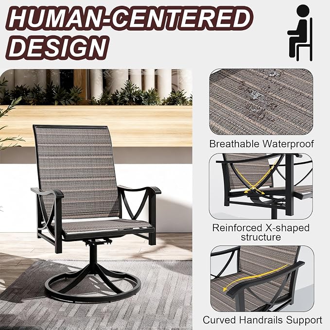 Gotland Patio Swivel Chairs Set of 2, Outdoor Dining Chairs with Breathable Teslin Seat Cushion & Backrest, 360° Outdoor Swivel Chairs with Metal Frame, Patio Dining Chairs for Deck Garden Brown