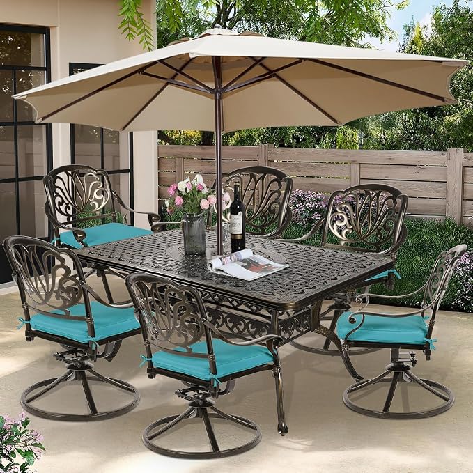 7-Piece Outdoor Patio Dining Set, 60” Rectangular Cast Aluminum Dining Table with Umbrella Hole and 6 Cushioned Swivel Rocker Chairs, Patio Funiture Set for Backyard, Patio, Garden, Blue