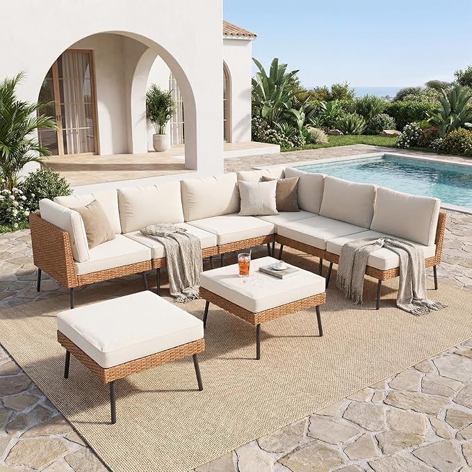 Aoxun 8 Piece Patio Furniture Set, 8 Seats Outdoor Sectional Sofas with Thick Cushion, Wicker Patio Outdoor Furniture Set with Ottomans for Party, Garden, Backyard, Beige