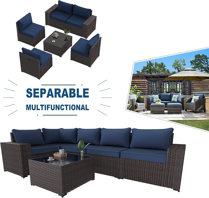 Kullavik 6PCS Outdoor Patio Furniture Set PE Wicker Rattan Sectional Sofa Patio Conversation Sets,Navy Blue