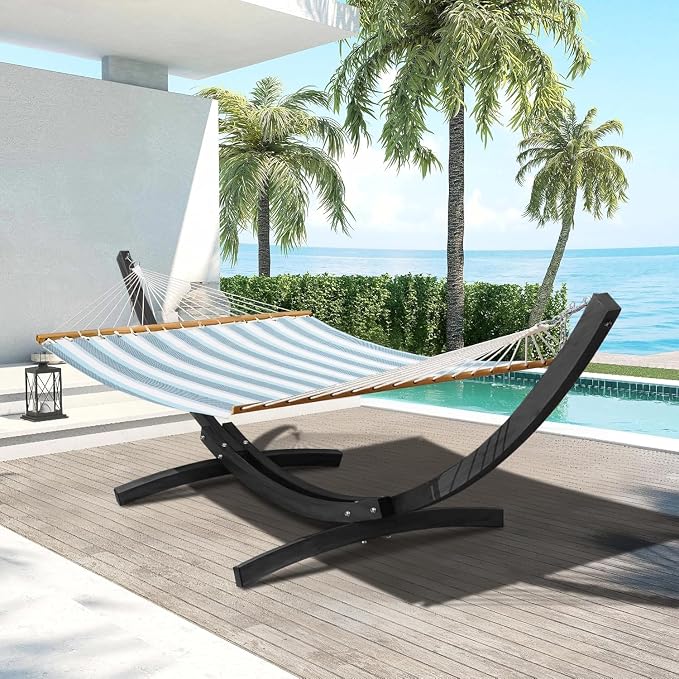 Lazy Daze Hammocks 12 FT 2 Person Double Quick Dry Textilene Hammock with Curved Steel Heavy Duty Stand for Outside, Backyard, Patio, 450 Lbs Capacity, Blue White Stripes