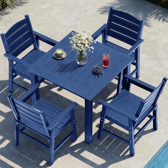 YEFU HIPS Outdoor Table and Chairs : Square Family-Friendly Patio Dining Sets - 5-Piece All-Weather Easy-Clean Outdoor Dining Set - Modern Furniture for Garden Deck Backyard Poolside（Navy）