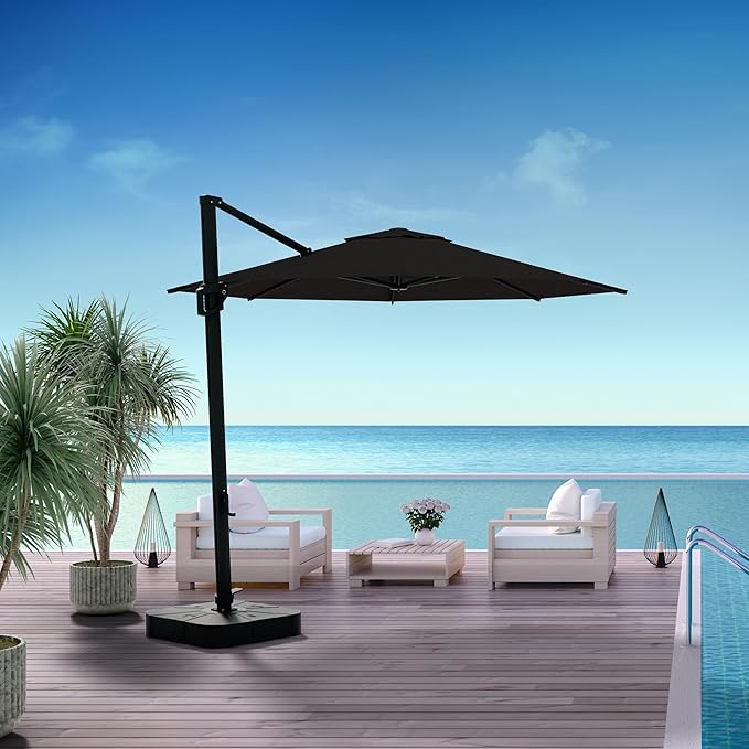 Midtown Umbrellas 10 Ft Outdoor Cantilever Patio Umbrella w/Sunbrella Spectrum Carbon Fabric - 360° Rotate Offset Patio Umbrella, Deck Patio Umbrella, Backyard Umbrella & Garden Umbrella - Black Frame