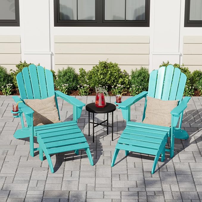 Costaelm Lakeview 4-Piece Outdoor Patio HDPE Adirondack Chairs with Ottomans and Cup Holder Set, Turquoise