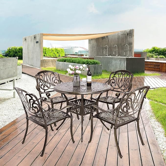 VIVIJASON 5-Piece Outdoor Patio Dining Set, All-Weather Cast Aluminum Conversation Set, Patio Furniture Set for Balcony Lawn Garden Backyard, Include 4 Chairs, a 35.4 inch Round Table w/Umbrella Hole