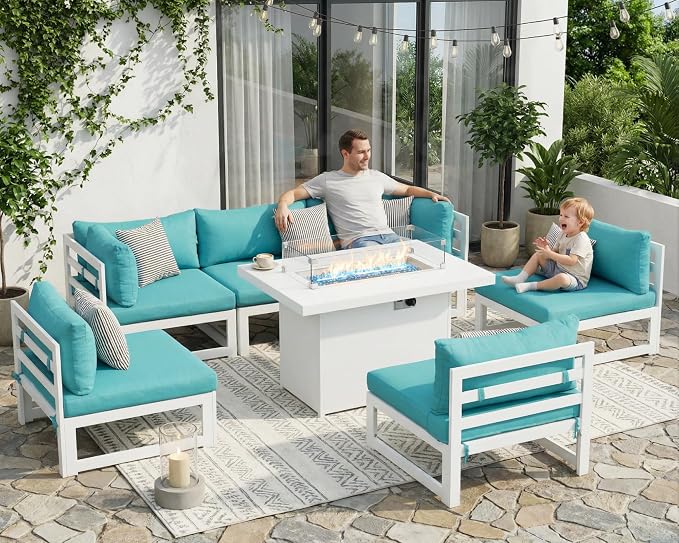 RADIATA 7 Pcs Large Aluminum Outdoor Patio Furniture Set with Rectangular Fire Pit Table, 29" Wide Deep Seat, Rust Proof Minimalist Sectional Sofa, 500 lbs Sturdy Backyard Conversation Set, Turquoise
