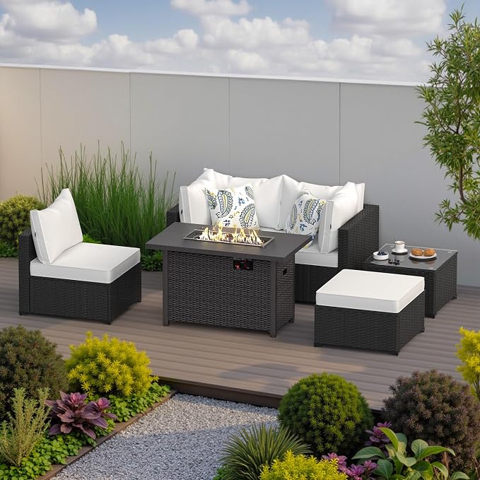 Patio Furniture Set w/ Fire Pit Table, 6PCS Outdoor Conversation Sets Waterproof Rattan Sectional Sofa with 4” Thickened Cushion Modular Wicker Patio Furniture Set with Glass Top Table (White)