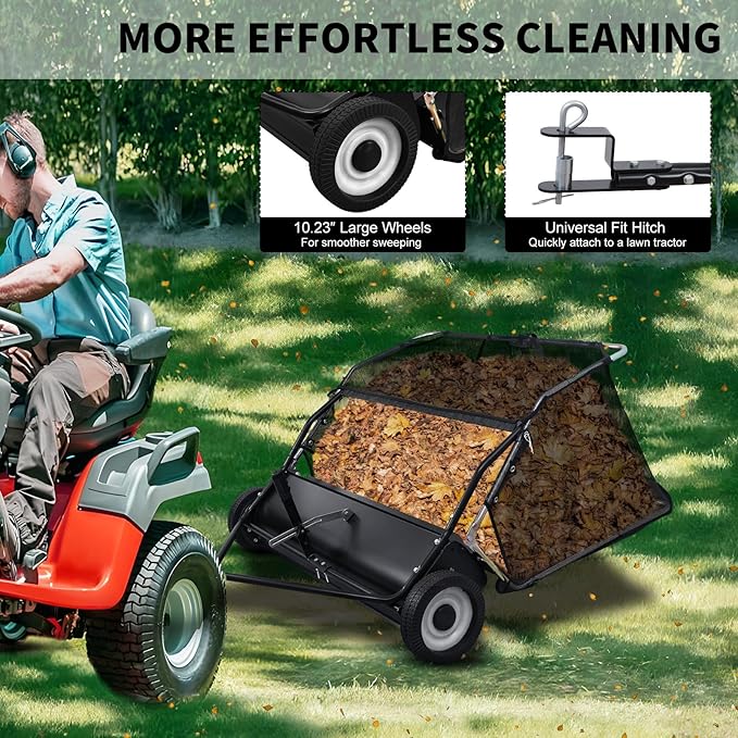 44 Inch Tow Behind Lawn Sweeper - Heavy Duty Adjustable Height Pull Behind Lawn Sweeper, 25 cu. ft Large Capacity Leaf & Grass Collector Hopper for Yard, Lawns, Farm （US Fast Arrival）