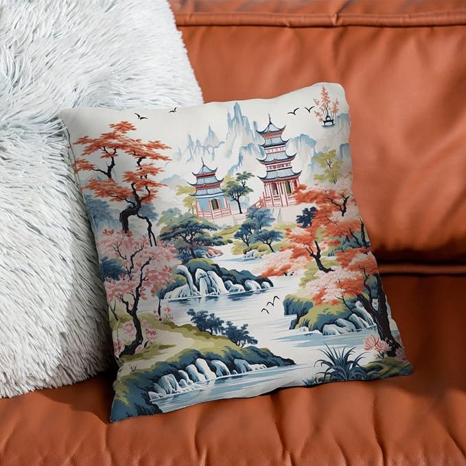Cushion Cases Chinoiserie Pagoda White Coral Blue Throw Pillow Covers Retro Chinoiserie Chic Asian Pillow Cover Accent Modern Decorative Pillow Covers for Couch Tent Park 22x22 in