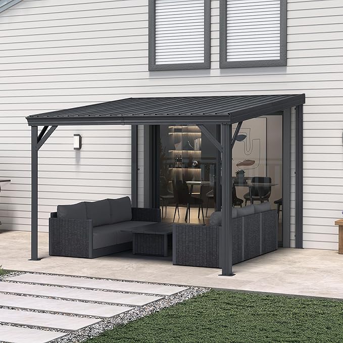 PURPLE LEAF 10' x 10' Wall Mounted Pergola with Metal Roof Backyard Entertainment Shelter for Outdoor Dining Lounge Seating Family Gatherings and Vehicle Shade Area