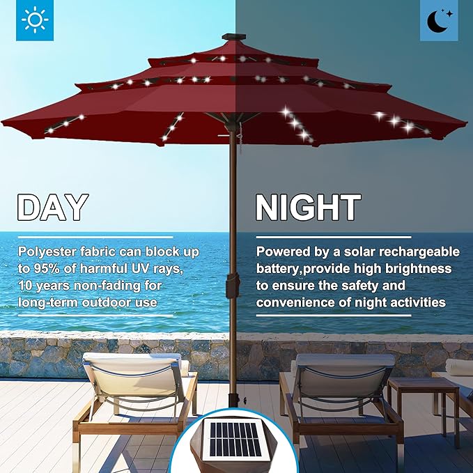 Eurmax USA 10-Year-Non-Fading 10FT 3-Tier Outdoor Patio Market Umbrella with LED Lights,UPF50+ UV Resistant,Commercial Grade,Crank Lift Design,Windproof Vented Top for Garden,Pool,Deck,Burgundy