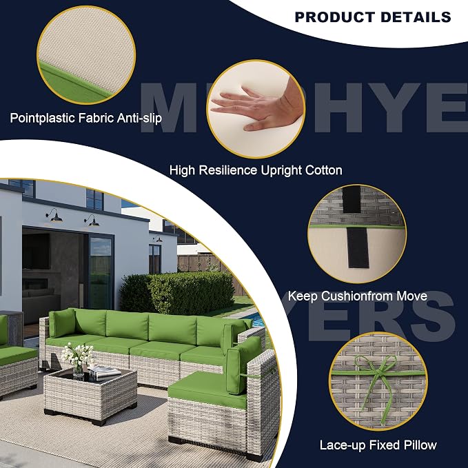 11-Piece Outdoor Patio Furniture Set with Rocking Swivel Chair, Wicker Rattan Sectional Sofa Conversation Set with 55,000 BTU Fire Pit Table, Backyard Furniture, Avocado Green