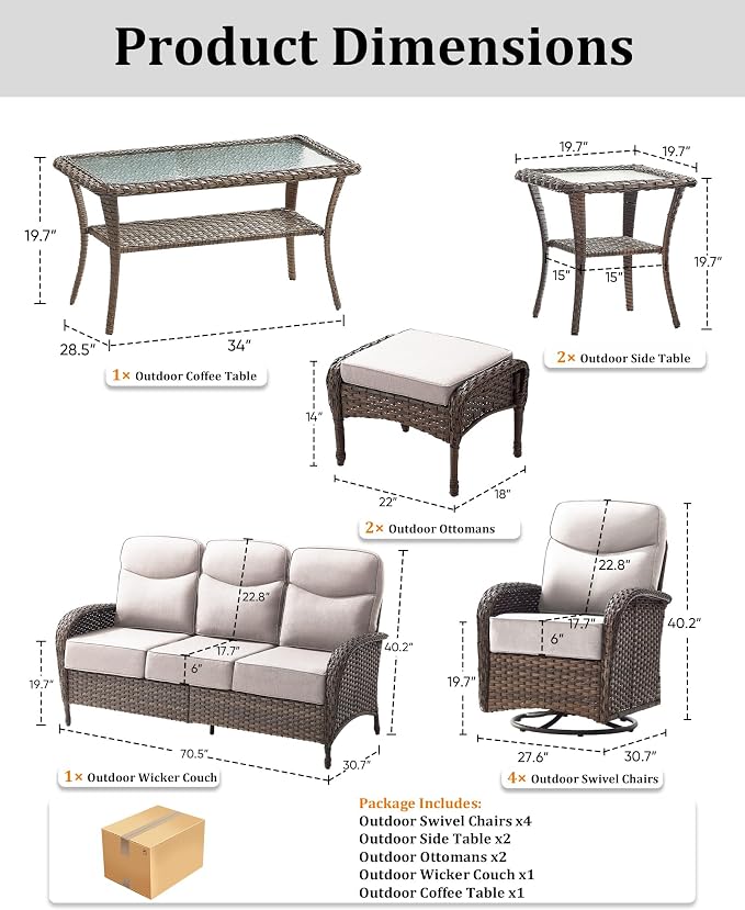 10-Piece Luxury Patio Furniture Set with 6-Inch Thick Cushions, High-Back Outdoor 4 Swivel Rocking Chairs with Wicker Coffee Table, All-Weather Conversation Set for Porch, Deck, Yard Beige
