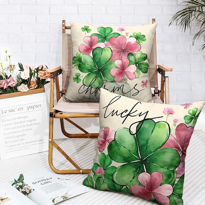 St Patricks Day Pillow Covers Pink Green Clover Shamrock Pillow Cases March Holiday Throw Pillow Covers 18x18 Set of 2 Lucky Charms Pillowcases for Couch Sofa Bed