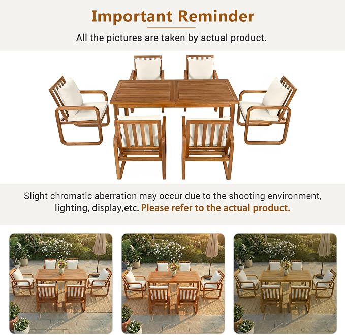 RUNNA 7 Pieces Outdoor Patio Dining Table Set with Removable Cushions, Modern Armrests and Spacious Table, Outdoor Furniture Set for Backyard, Garden Entertaining (Beige-A7)