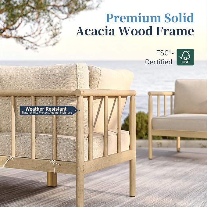SUNSHINE VALLEY Patio Furniture,Acacia Wood Outdoor Sectional Sofa with 5.5" Ultra-Thick Cushions, L Shaped Modular Patio Conversation Set,Lawn Garden Backyard Couch Set with Nesting Tables,Beige