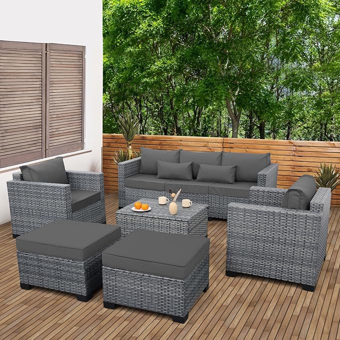 Lviden 6 Pieces Wicker Patio Furniture Sets Outdoor Conversation Set HDPE Rattan Sectional Sofa Couch with Storage Table and Non-Slip Cushions, Light Grey