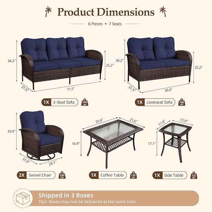 UPHA 6 Pieces Patio Furniture Sets, Wicker Outdoor Sofa Set with Loveseat & 3-Seat Couch, Swivel Chairs, Patio Conversation Set for Deck Backyard Garden, Brown Rattan, Navy Blue Cushion