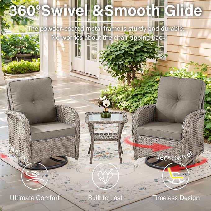 Belord 5 Piece Outdoor Patio Furniture Set with Deep Seating Swivel Rocker Chairs Loveseat and Rattan Coffee Table Outdoor Conversation Sets for Deck Backyard Poolside,Gray Wicker Gray Cushion