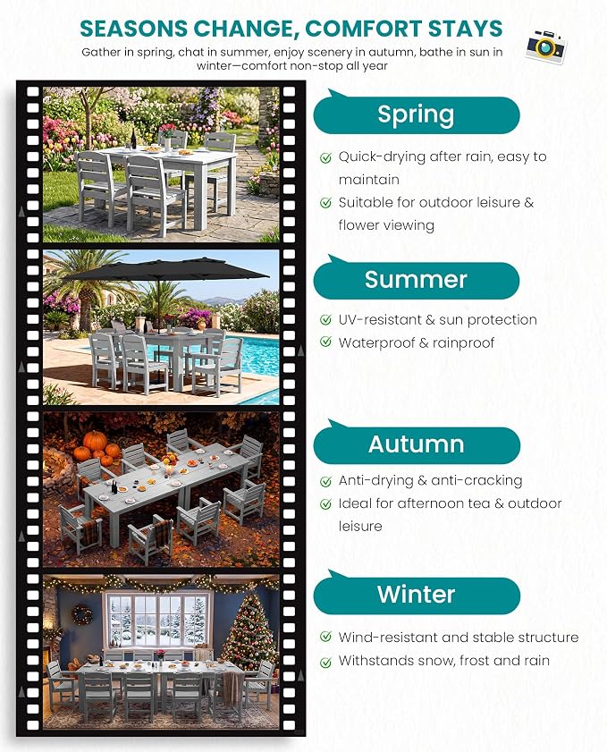 SERWALL 59" Outdoor Dining Set for 8, Light Gray | Include 2 Rectangular Tables and 8 Armrest Chairs, All Weather Dining Sets for Garden, Backyard