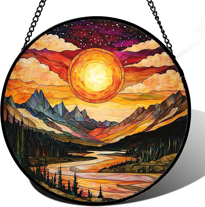 DASTOLL Stained Glass Window Hanging, Dusk Sunset Landscape Sun Catchers Glass Panel Lakes and Mountains Suncatcher Decor for Birthday for Women, Men, Wife, Aunt, and Mom 14.9 in