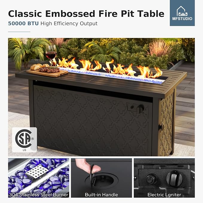 MFSTUDIO 4 Piece Patio Conversation Sets, All Weather Metal Frame Outdoor Furniture Set Patio Sofas with 1 x 45 Rectangular Fire Pit Table, 1 x 3-Seat Sofa, 2 x Sofa Chairs, Peacock Blue Cushion