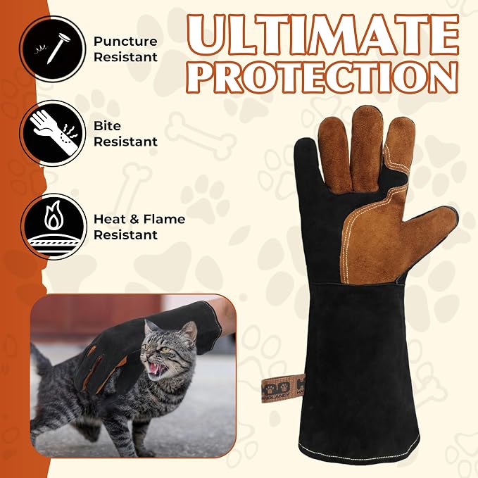 HANDLANDY Animal Handling Gloves, Bite Proof for Cat Dog Handling | Puncture & Scratch Resistant Leather Gauntlet Gloves for Dogs, Cats, Birds, Falconry, Gardening