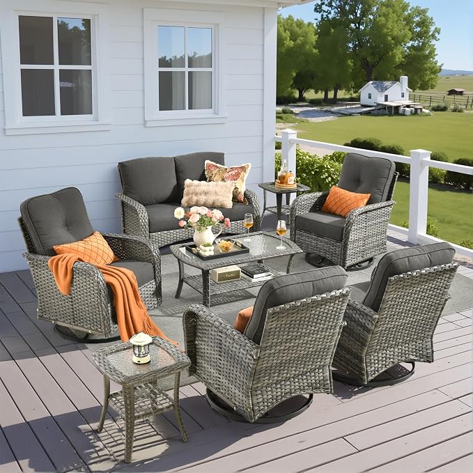 8 Pieces Outdoor Patio Furniture Set with Coffee Table, All Weather Wicker Patio Conversation Sets with Rocking Chairs, Balcony Furniture Sets for Backyard, Garden, Poolside, Black