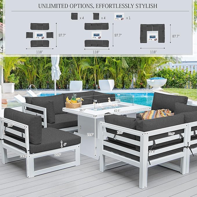 BULEXYARD 9 Piece Modern Aluminum Patio Furniture Set with Fire Pit Table, 500 lbs Heavy Duty Outdoor Sectional Sofa, 29" Deep Wide Oversized Seating Conversation Couch for Garden Exterior, Dark Gray