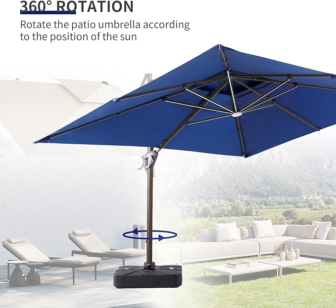 JZAC & QZYD 10X13 FT Outdoor Cantilever Patio Umbrella with Base Included and LED Lights, Large Heavy Duty 2-Tier Aluminum Offset Umbrellas with 360-Degree Rotation for Pool Deck, Navy