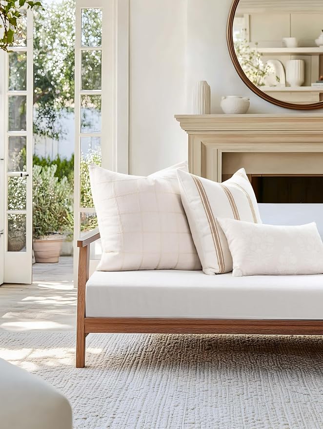 Modern Farmhouse Fall Linen Indoor Outdoor Lumbar Pillow Cover Only, 12"x20" Water Repellent for Patio, Backyard, Couch, Neutral Beige Floral