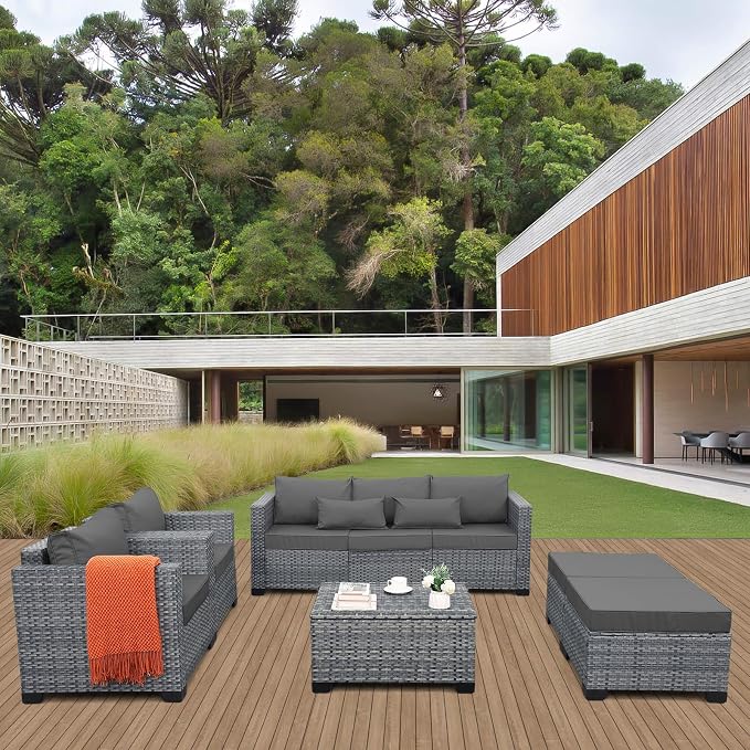 Lviden 6 Pieces Wicker Patio Furniture Sets Outdoor Conversation Set HDPE Rattan Sectional Sofa Couch with Storage Table and Non-Slip Cushions, Light Grey