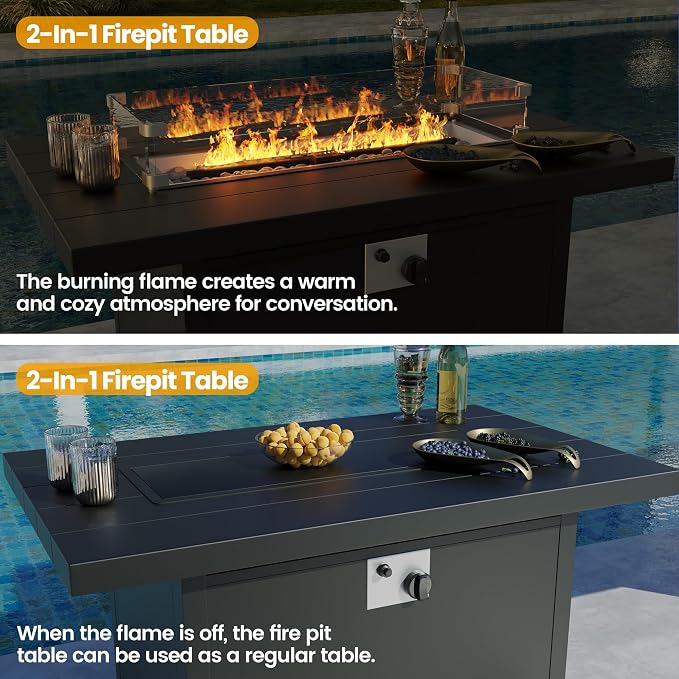 Aluminum Outdoor Patio Furniture Set,7 Seats Patio Conversation Sets with 45" Propane Fire Pit Table,Metal Patio Sectional Furniture Set with 2 Swivel Rocking Chairs,Sand