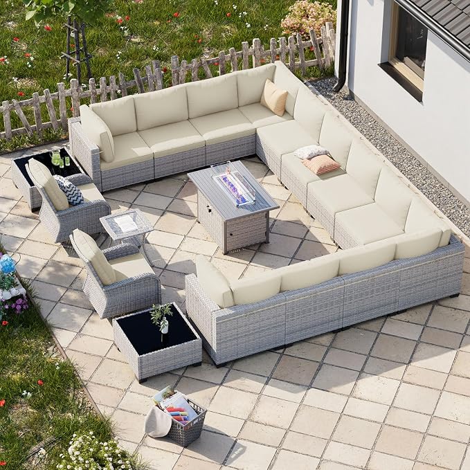 18-Piece Patio Furniture Set, Outdoor Patio Furniture with 55,000 BTU Fire Pit Table, Swivel Chairs Set, Thick Cushions, Modular Patio Sofa, Dual-Strand Wicker Rattan, Rust-Resistant Frame,Lvory