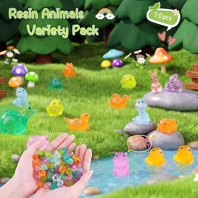 70 Pcs Mini Resin Animals Blind Bags, Glow in The Dark Tiny Animal Figures, Mystery Bulk Assortment for Fairy Garden, Aquarium, Potted Decor, Premium Hand-Polished Resin