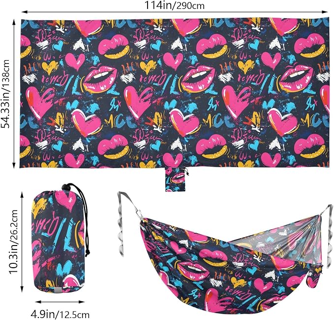 Camping Hammock Outdoor Hammocks for Outside Mouth Heart Graffiti Grunge Beach Trees Portable Lightweight with Pockets Tree Straps Indoor