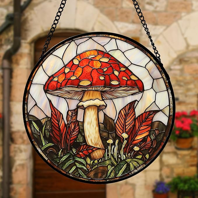 DASTOLL Stained Glass Window Hanging, Big Red Mushroom Suncatcher for Doors Home Sun Catchers Decoration and Christmas, Mother's Day Birthday Gifts for Women, Men, and Mom 7.8 in