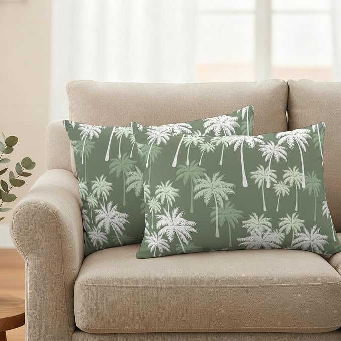 Lumbar Pillow Covers 20x12 Inch Set of 2, Tropical Palm Tree Waterproof Outdoor Pillow Covers, Olive Green Plants Coastal Leaf Beach Decorative Cushion Pillowcases for Couch, Sofa, Bed, Garden, Patio