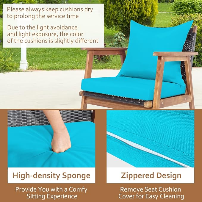 Tangkula 8-Piece Patio Furniture Set, Outdoor Acacia Wood Conversation Set with Cushions and Coffee Table, Outdoor PE Wicker Sectional Sofa Set for Garden, Poolside and Backyard (2, Turquoise)