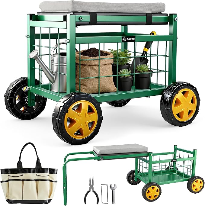 Saker Rolling Work Seat with Wheels - 15.7'' EVA Padded Stool, 500 lb Steel Frame, Large Storage Basket - Patio Lawn Backyard Cart for Gardening Tasks (Luxury Version)