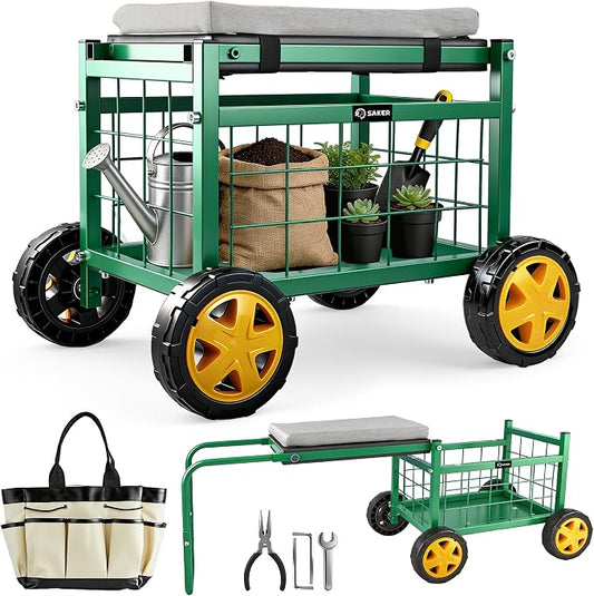 Saker Rolling Work Seat with Wheels - 15.7'' EVA Padded Stool, 500 lb Steel Frame, Large Storage Basket - Patio Lawn Backyard Cart for Gardening Tasks (Luxury Version)