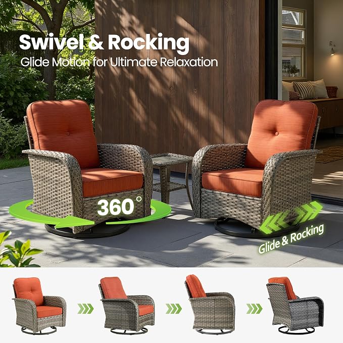 5 Piece Wicker Patio Furniture with Swivel Rocker Chair, Orange | High Back Swivel Rocker Chairs, All Weather Rattan Outdoor Sofa, Solar Lights Table, Modern Conversation Sets, Deck Backyard