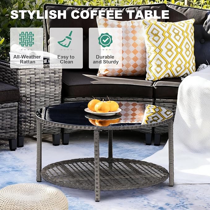 MEISSALIVVE 8-Piece Half-Moon Curved Outdoor Patio Furniture Set, Sectional Conversation Sofa with 2 Half-Moon Ottomans, Coffee & Side Tables for Backyard Deck Garden, Black