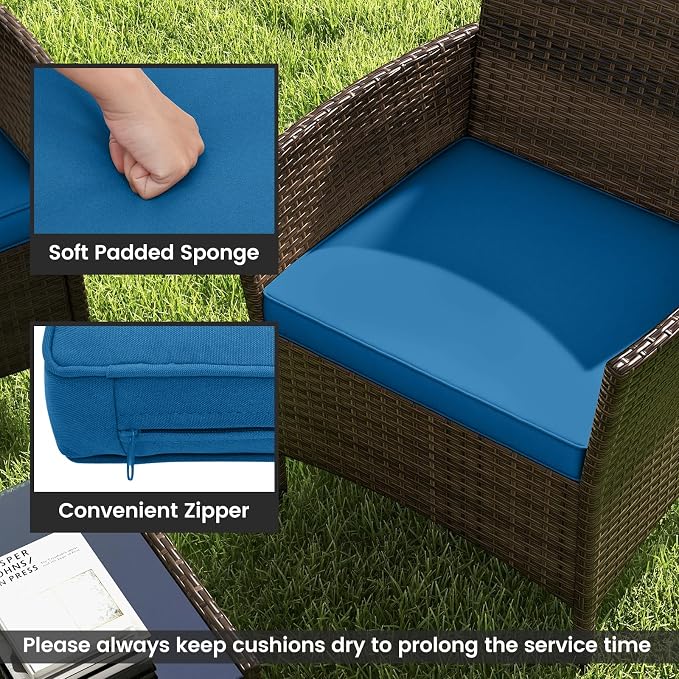 RELAX4LIFE 4-Piece Patio Furniture Set - Rattan Outdoor Conversation Bistro Set w/Cushions, Glass Coffee Table, Wicker Chairs & Loveseat for Garden Backyard Porch, Balcony Furniture Set (1, Peacock)