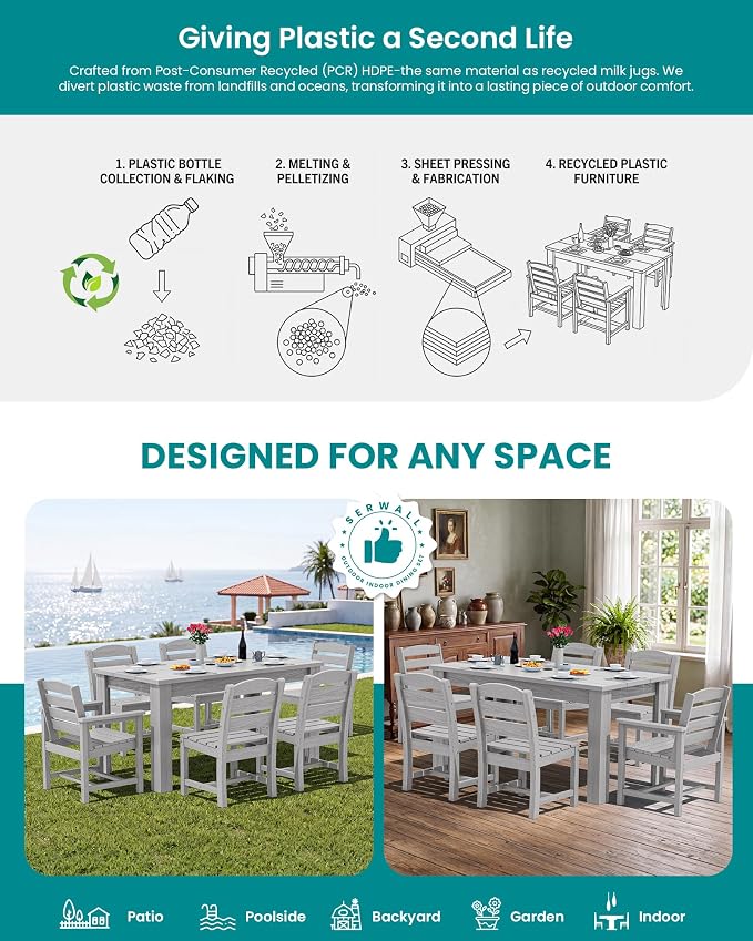 SERWALL 59" Outdoor Dining Set for 6, Light Gray | Include 1 Rectangular Dining Table and 6 Armless Chairs, All Weather Dining Sets for Garden, Backyard
