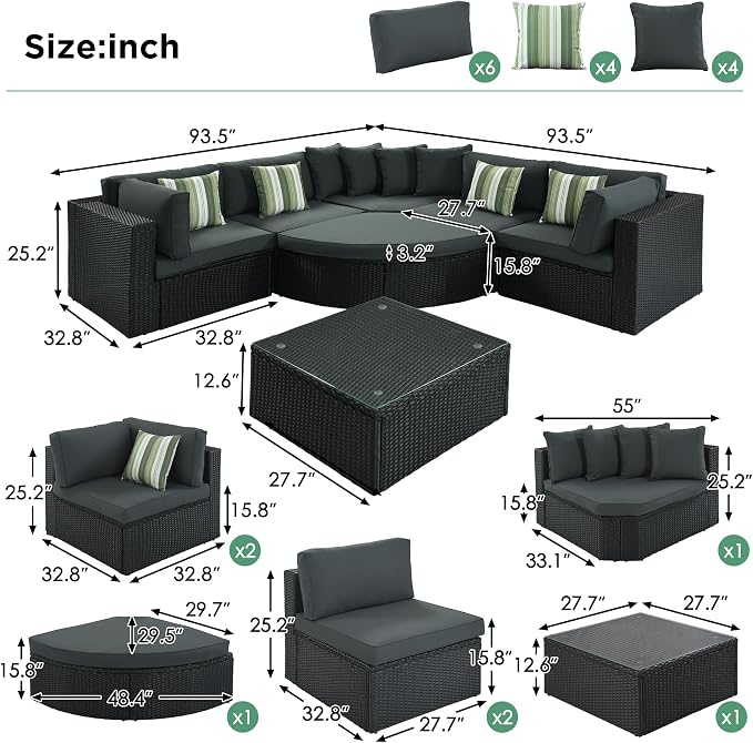 LUMISOL 7-Piece Patio Sofa Set, 93.5" Large Outdoor Half-Moon Sectional Sofa with Curved Ottoman & Coffee Table, Wicker Patio Conversation Set with Cushions for Backyard, Garden, Green Grey