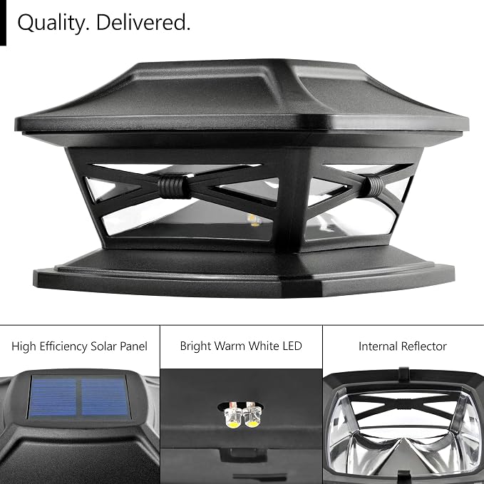 Davinci Flexfit Solar Outdoor Post Cap Lights, 4x4 5x5 6x6, Bright LED, 4PK | Slate Black, Wooden Posts, fence/deck/garden/patio, UV fade-protected plastic, auto-on, 7-8h, cordless, IP44, 25lm warm white