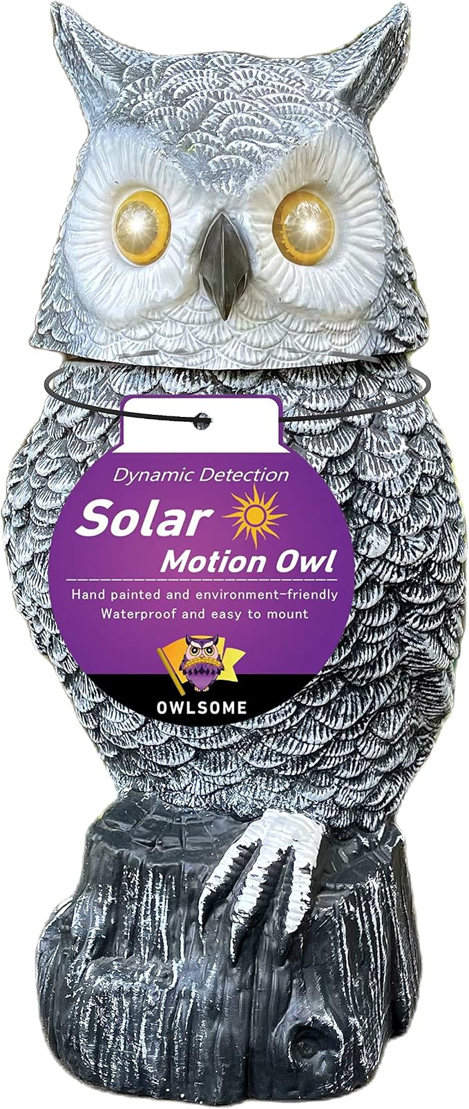 Owlsome Solar Snowy Owl with Flashing Eyes, Rotating Head, Hooting, Motion Detector and Silent Mode, Plastic Owl Garden Sculpture, Garden Decoration
