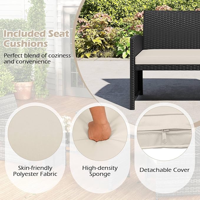 RELAX4LIFE 4-Piece Patio Furniture Set - Wicker Rattan Outdoor Sectional Sofa Set w/Glass Coffee Table, Loveseat, 2 Chairs & Soft Cushions, Bistro Conversation for Garden Porch (1, Black-White)