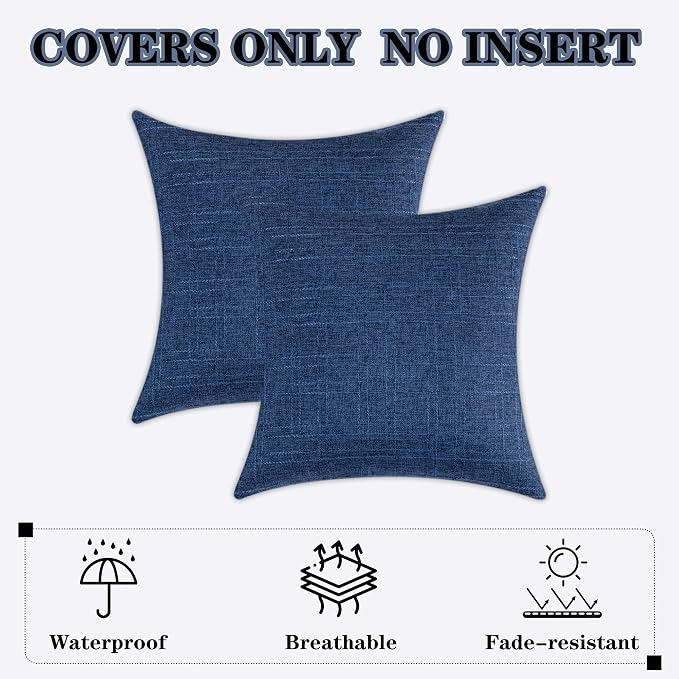 Kevin Textile Outdoor Waterproof 22”x22” Pillow Covers 2 Pack, Blue | Water Resistant, Soft Faux Linen-cotton Yarn-dyed Woven Texture Throw Pillow Covers for Tent Patio Garden Couch Sofa
